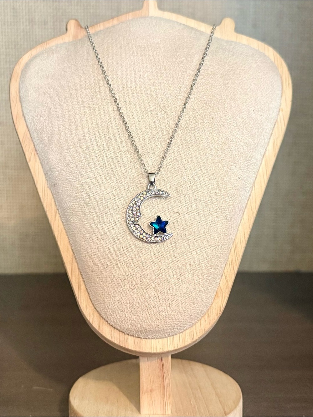 Fine Silver Plated Crescent Moon & Blue Star Pendant Necklace